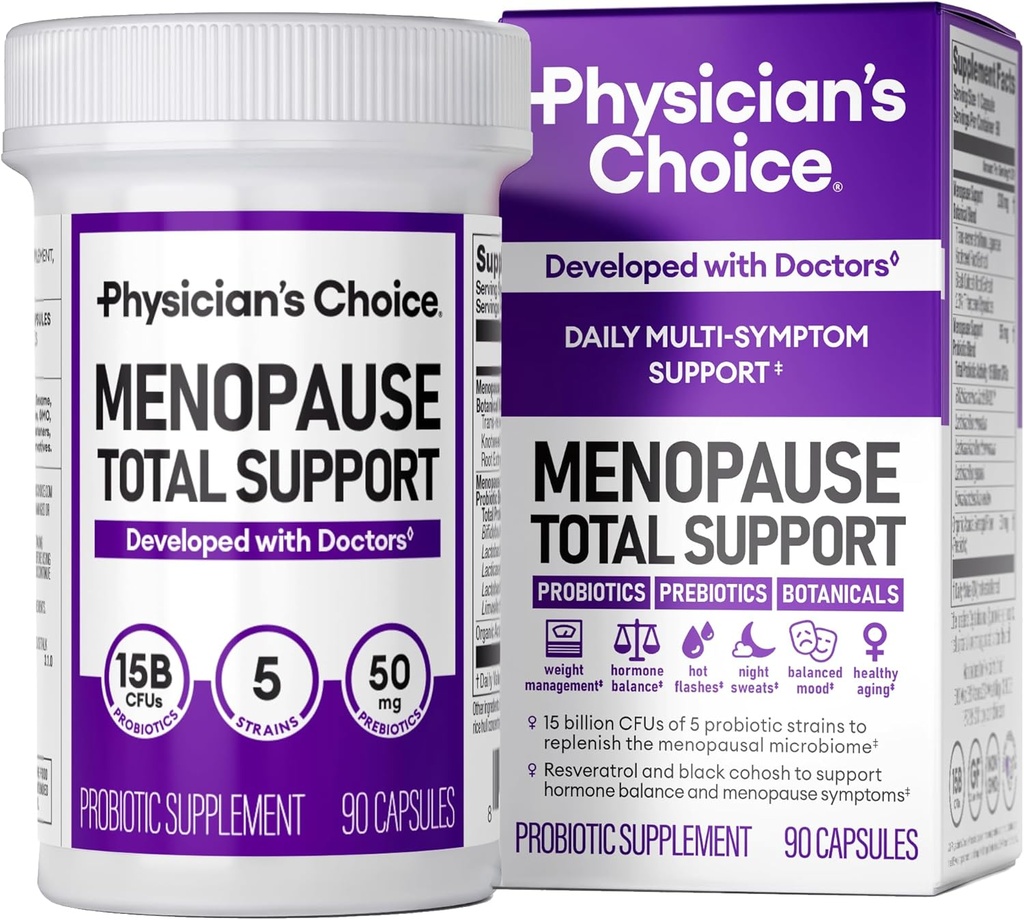 Supplément probiotique de la ménopause de médecin pour les femmes - soutient l'équilibre hormonal, les éclairs chauds, les sueurs nocturnes, la gestion du poids, le bluffage et la santé des vautours - avec Cohosh noir, Resveratrol+ - 90ct