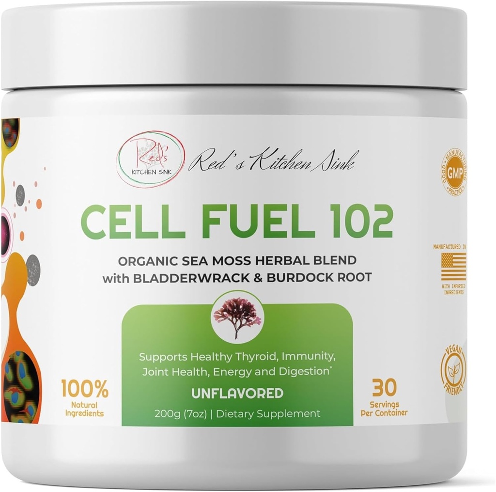 Red's Kitchen Sink Cell Fuel 102 – Organic Sea Moss Powder with Bladderwrack & Burdock Root | Dr. Sebi Inspired Herbal Blend | Vegan, Natural, 30 Servings (7oz)