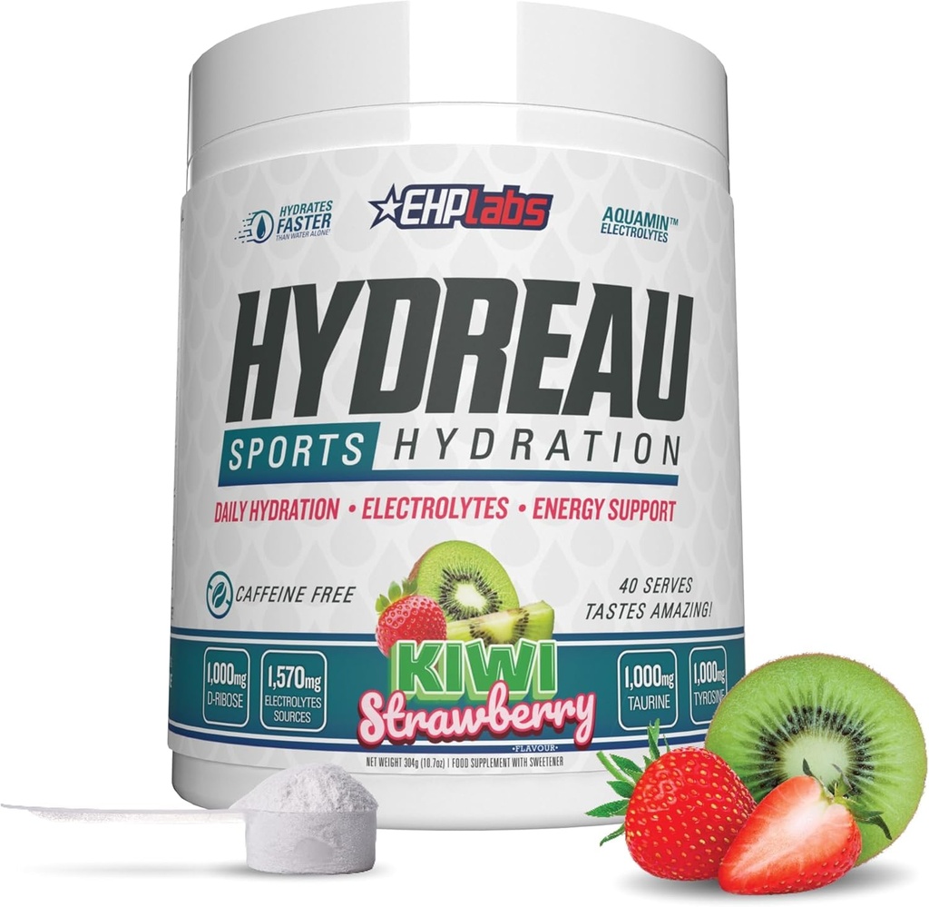 EHP Labs Hydreau Electrolytes Poudre Pas de Sucre - Poudre d'hydratation pour Endurance et Énergie - Poudre d'électrolyte pour hommes et femmes - Electrolytes sans sucre - Fraise Kiwi (40 portions)