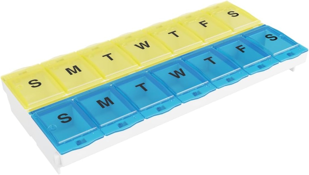 EZY DOSE Pill Organizer Weekly AM/PM (7-Day), Medicine Planner, Vitamin Case/Box, 2X-Large Locking Compartments to Secure Prescription and Prevent Accidental Spilling, Blue and Yellow, BPA Free