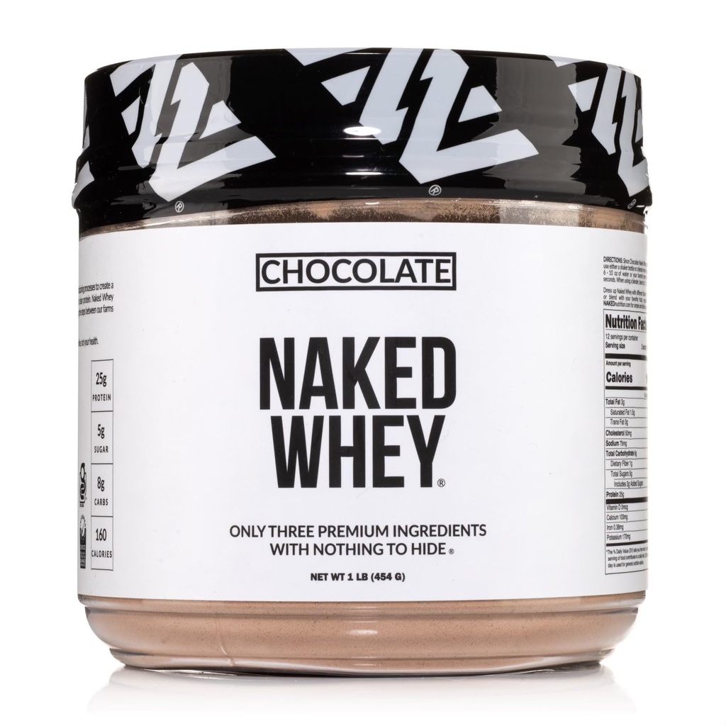 NAKED Chocolate Whey 1LB - Toute la poudre naturelle de protéines de lactosérum, du cacao biologique et du sucre de coco - Pas d'OGM, pas de soja et sans gluten, aide à la croissance et à la récupération - 12 portions