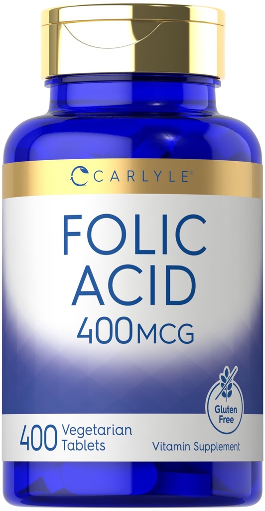 Acide folique de Carlyle 400 mcg, 400 comprimés Végétarien, non OGM, supplément sans gluten