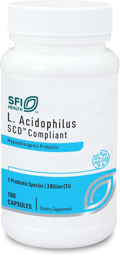 Klaire Labs SFI Health L. Acidophilus - 3 Million CFU Lactobacillus Probiotic, Pure SCD Compliant Formula for Men & Women, Hypoallergénique & Non-Dairy (100 Capsules)