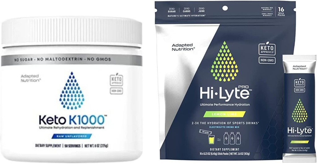 Hi-Lyte Keto K1000 Poudre d'électrolyte , Supplément d'hydratation Mélange de boisson , No Stevia , 50 portions , plus packets d'hydratation , 16 packets de boisson individuels , Citron Lime