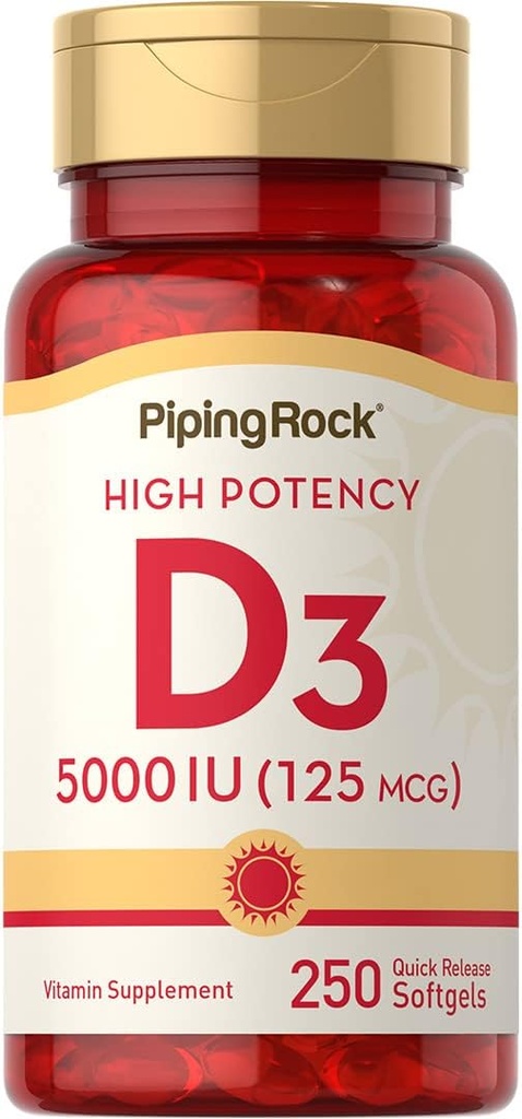 Piping Rock Vitamine D3 5000 UI , 250 Softgels , Supplément haute puissance , non-OGM , sans gluten