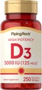 Piping Rock Vitamine D3 5000 UI , 250 Softgels , Supplément haute puissance , non-OGM , sans gluten