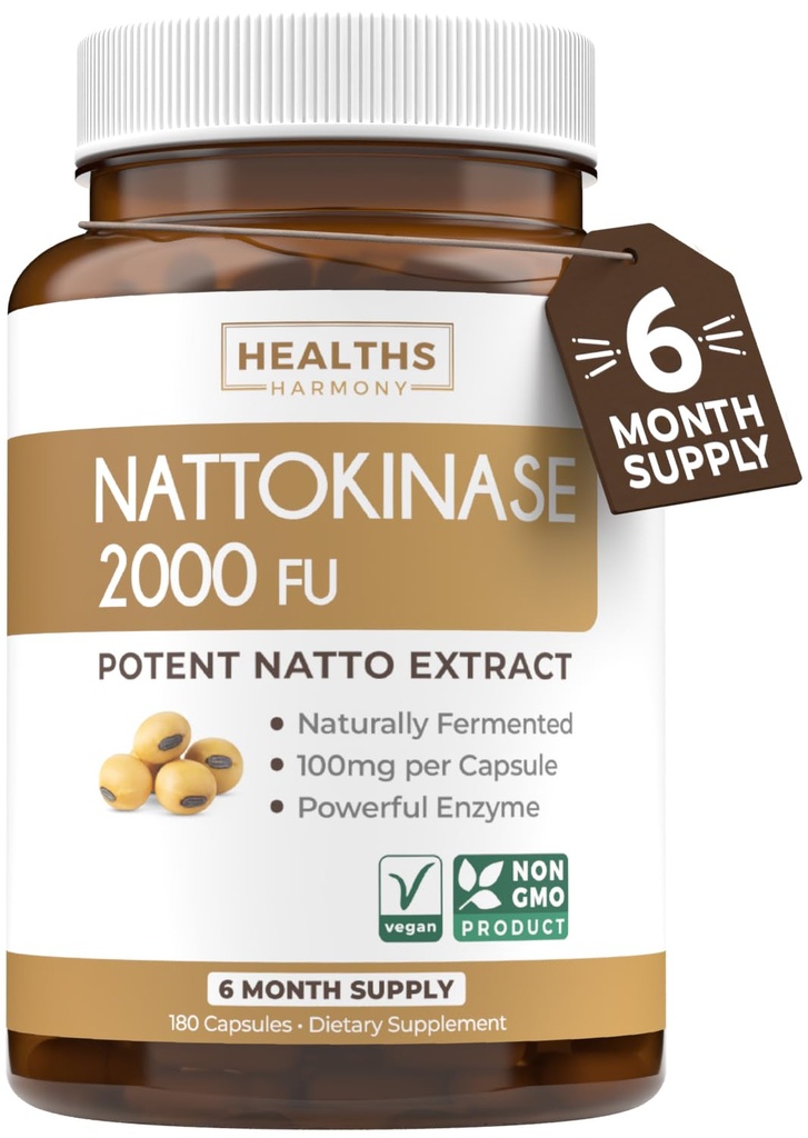 Santé Harmony Nattokinase 2000 FU (non-OGM) Supplément Nattokinase puissant fabriqué à partir de soja naturellement fermenté - (6 mois d'approvisionnement) 180 capsules de Natto végétalien