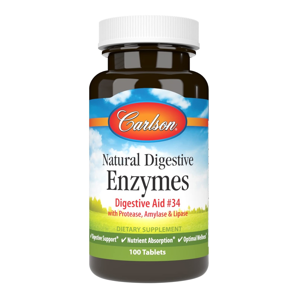 Carlson - Enzymes digestifs naturels, aide digestive #34 avec protéase, Amylase et lipase, support digestif, absorption nutritive et bien-être optimal, 100 comprimés