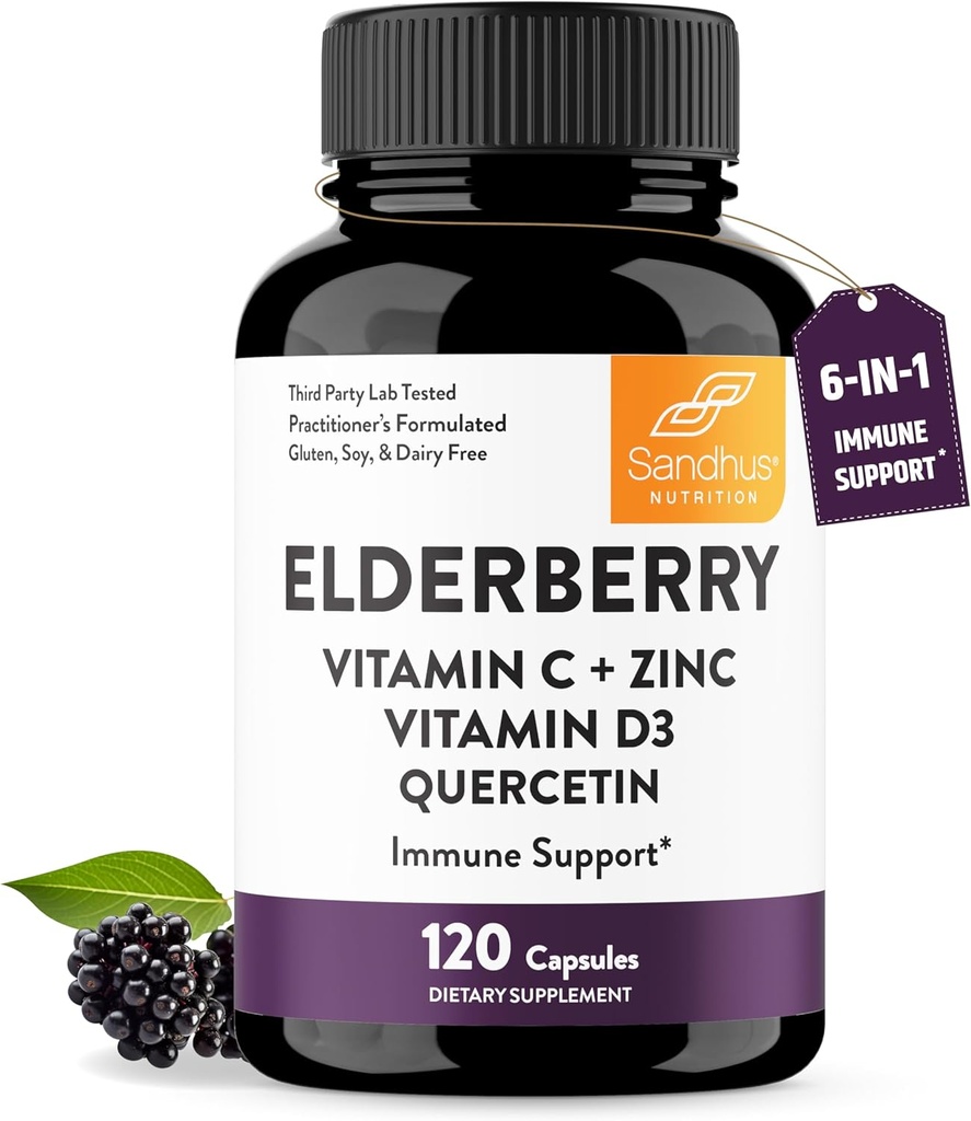 Sandhu's Elderberry Vitamine C and Zinc with Vitamine D3 & Quercetin.Gélules supplémentaires pour les hommes et les femmes.
