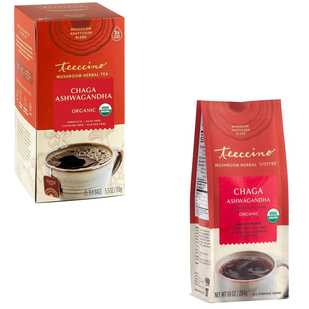 Teeccino Chaga Ashwagandha Tea & Chaga Ashwagandha Coffee Alternative Bundled Collection, Butterscotch Cream, sans caféine et sans acide, Adaptogène à base de champignons