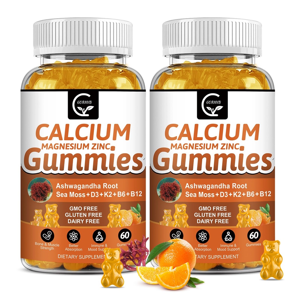 1200mg Gommies de calcium avec vitamine D3,K2,B12 & B6 - Supplément complexe de calcium de magnésium avec glycinate,Potassium,Mousse de mer,Ashwagandha Racine pour os et dents, Muscle et Immune-2 Pack