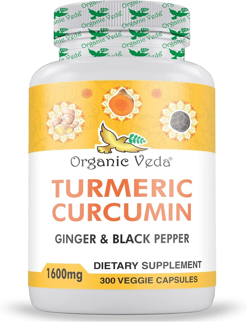 Capsules de curcuma et de gingembre bio Veda 300 Pills - Curcumine curcuma avec poivre noir pour le soutien des articulations - Supplément sans OGM, sans gluten, curcuma et gingembre (95% curcuminoïdes)