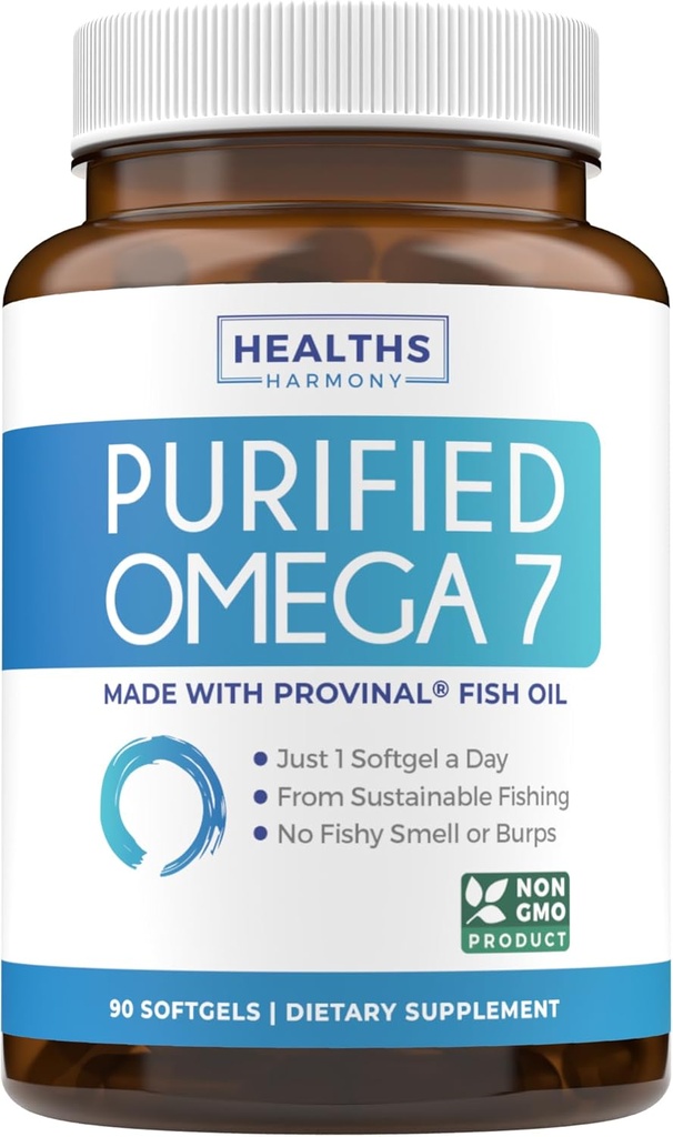 Omega 7 Supplément pour les femmes et les hommes - Haute puissance et pureté Acid Palmitoleic Faty Acid Fish Oil Supplément du provinal breveté avec le plus faible acide palmitique - Source durable (3 mois d'approvisionnement)