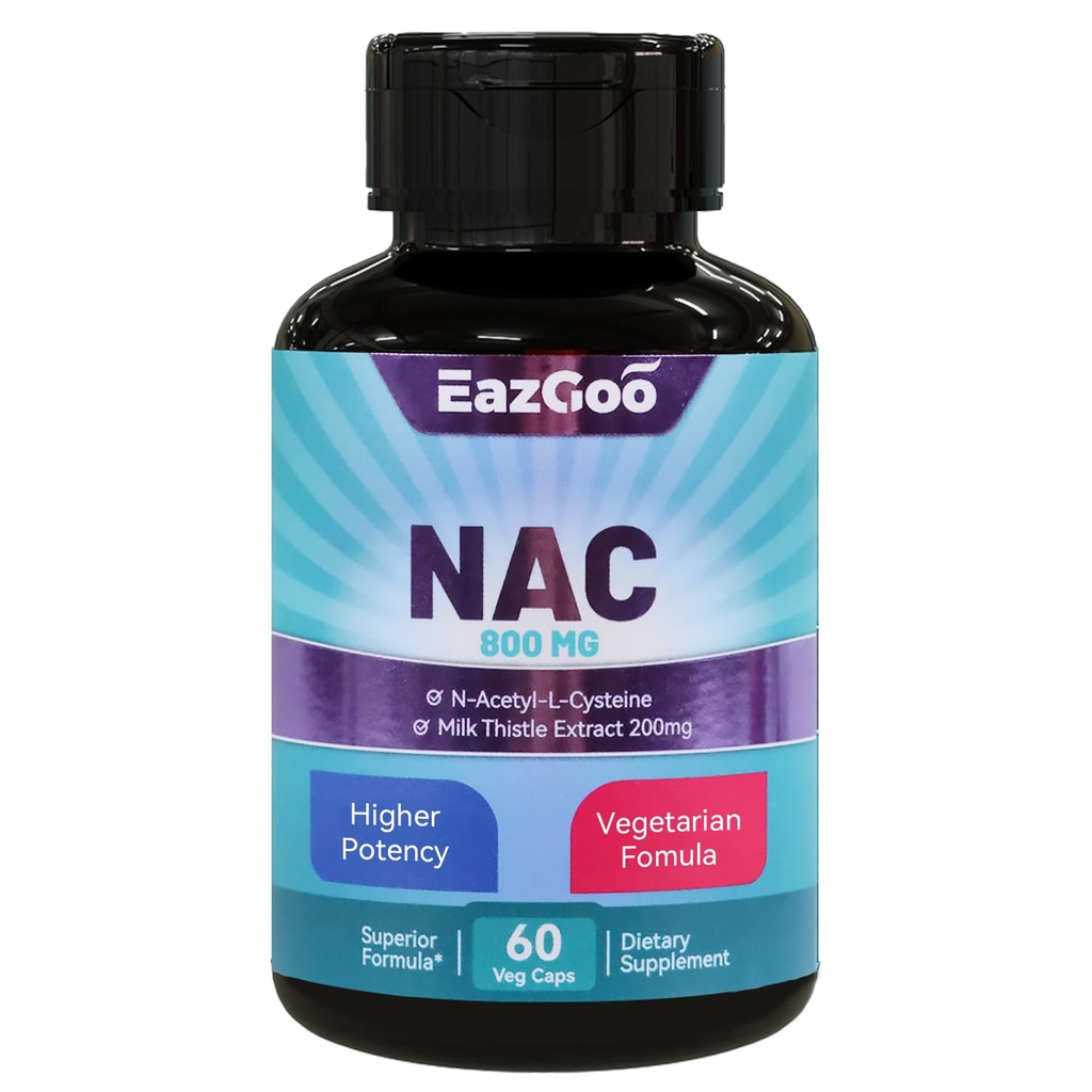 Supplément NAC N-acétyl Cysteine 800mg, avec chardon de lait 200mg, sans OGM, sans gluten - 60 Capsules