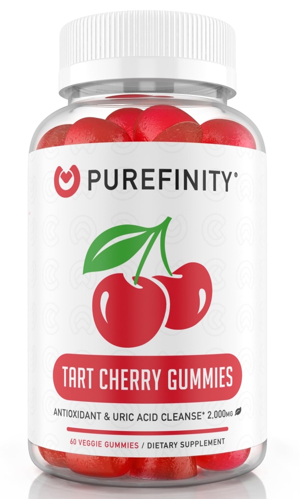 PUREFINITY Tart Gommies de cerise – Flush d'acide urique pour le soulagement et la récupération articulaires, antioxydant extrait de jus brut – non-OGM, sans gluten, végétalien, compte 60