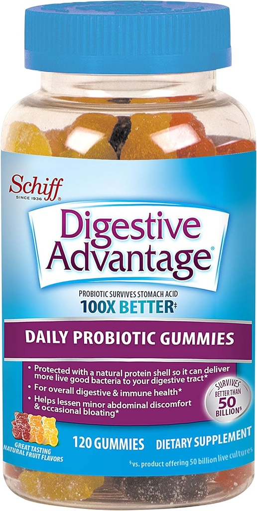 Digestive Advantage Daily Probiotic Natural Fruit Flavor Gummies, Helps Relieve Minor Abdominal Discomfort & Occasional Bloating, Supports Digestive & Immune Health, Cranberry, 120 Count