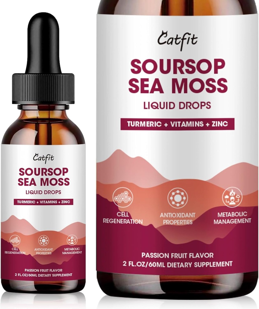 Soursop Graviola Liquid Drop – Soursop Bitters Liquid Drops with Sea Moss, Turmeric & Vitamines B6 C Zinc pour le soutien cellulaire, l'antioxydant, la relaxation et l'Immune Boost, Passion Fruit Flavor, 2 Fl Oz