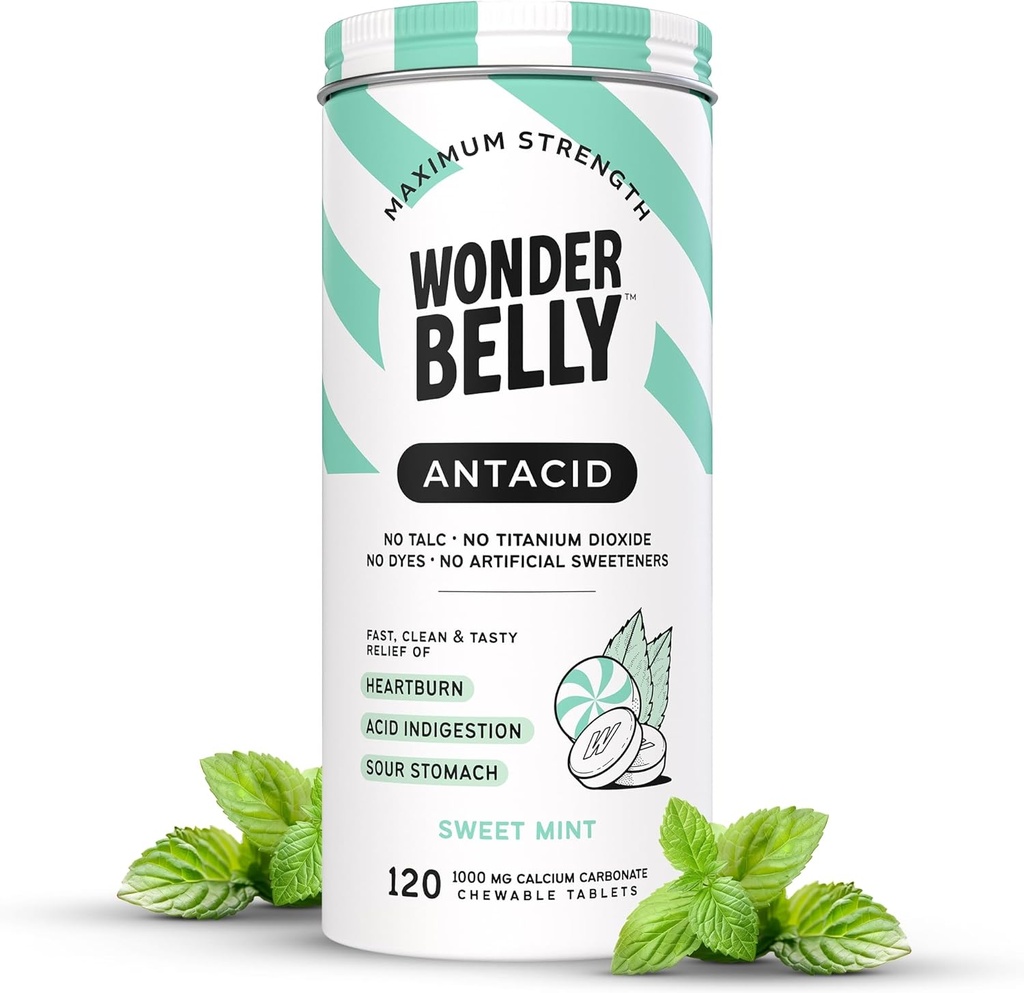 Antiacide de Wonderbelly, soulagement efficace des brûlures d'estomac et de l'indigestion instantanée de l'acide, comprimés à croquer extra-fort, carbonate de calcium de 1000 mg, sans Talc ou colorant, menthe douce, 120 Compte