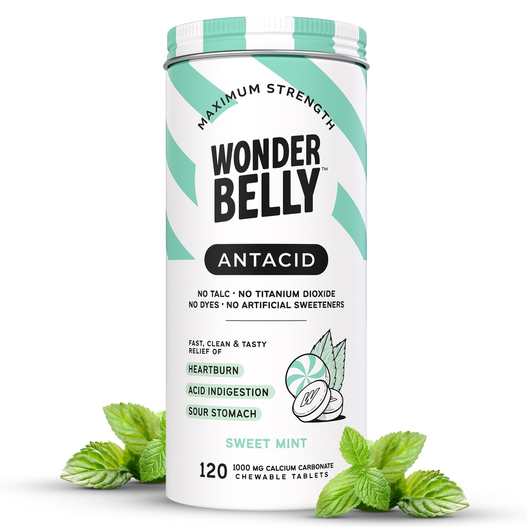 Antiacide de Wonderbelly, soulagement efficace des brûlures d'estomac et de l'indigestion instantanée de l'acide, comprimés à croquer extra-fort, carbonate de calcium de 1000 mg, sans Talc ou colorant, menthe douce, 120 Compte