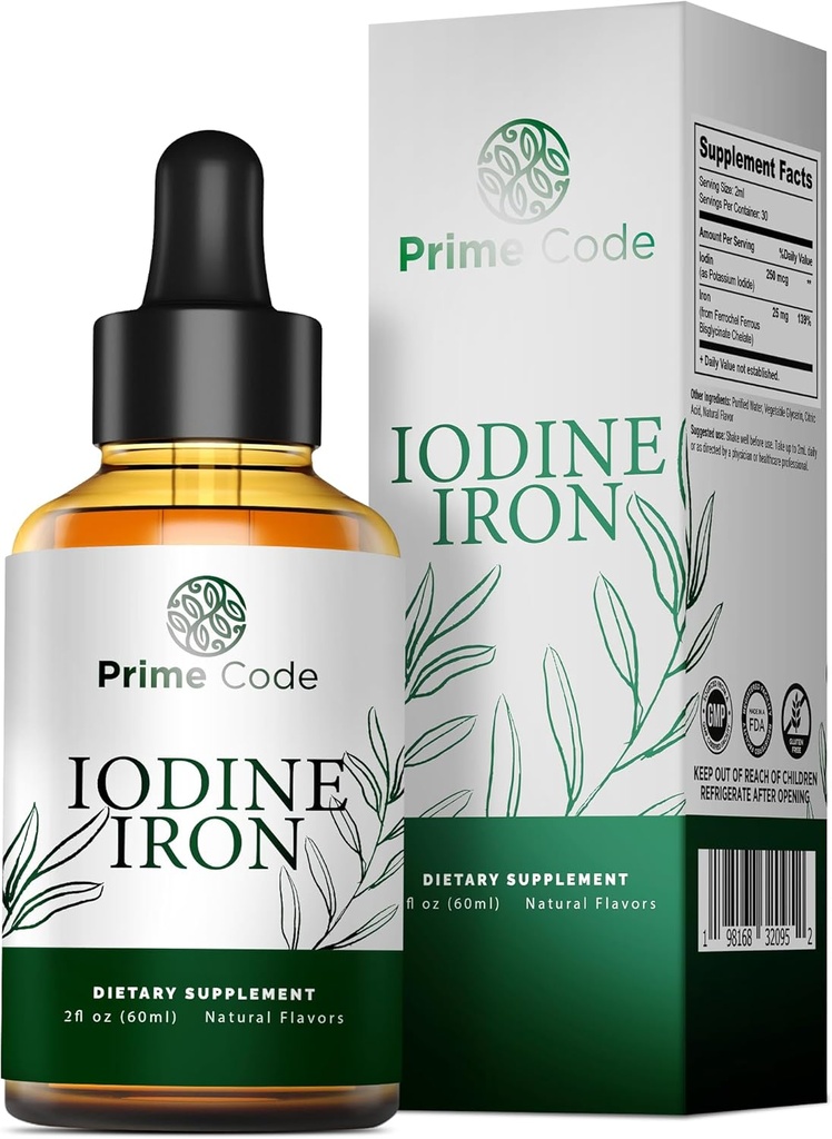 Code Prime [ 2 sur 1] Supplément liquide d'iode avec fer - gouttes de supplément d'iode pour la thyroïde 250mcg - Soutient la santé de la peau de thyroïde - biologique, végétalien, non-OGM, alcool et sans gluten