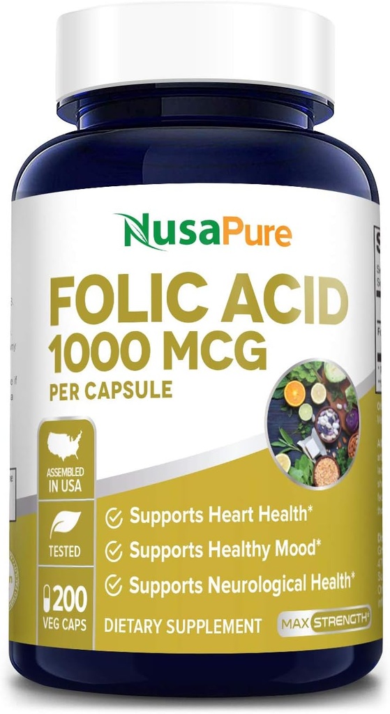 Acide folique NusaPure 1000mcg 200 Caps végétatifs (non OGM, végétarien, sans gluten)