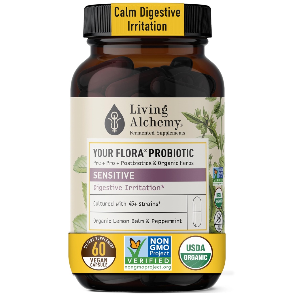 Suppléments santé Gut - Votre Flore Probiotique Sensitive avec Fermented Soybean, Lemon Balm, Peppermint et Prébiotiques - Nettoyer la désintoxication pour les hommes et les femmes - Vegan, Non-OGM - Alchimie vivante, 60 Pcs