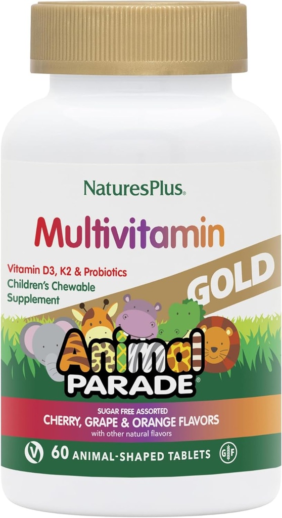 Natures Plus Parade animale Source de vie Multivitamine à croquer pour enfants - Cerise, orange et arômes de raisin assortis - 60 comprimés à croquer - Végétarien, sans gluten - 30 portions