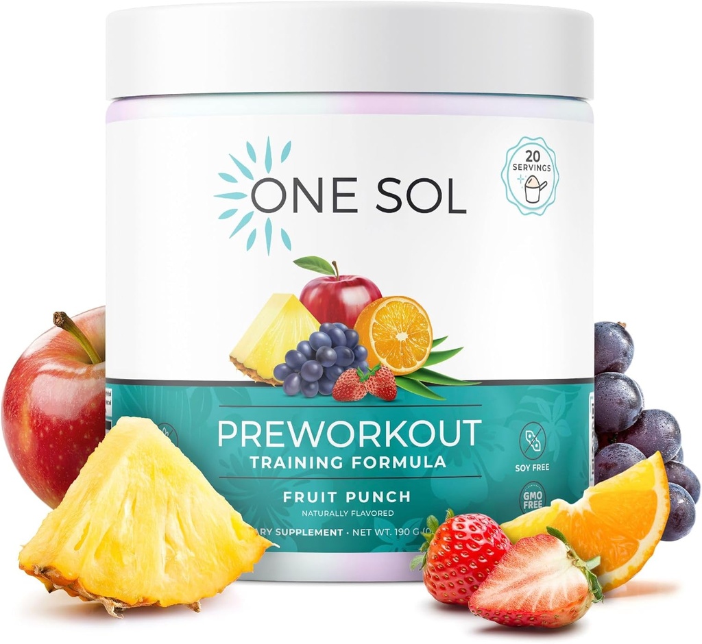 Un seul Sol pré-entraînement pour les femmes, Pompe et Focus amélioré, Pas de jitters ou de crash, ingrédients naturels, 100% végétalien, sans gluten et sans soja, (fruit Punch)