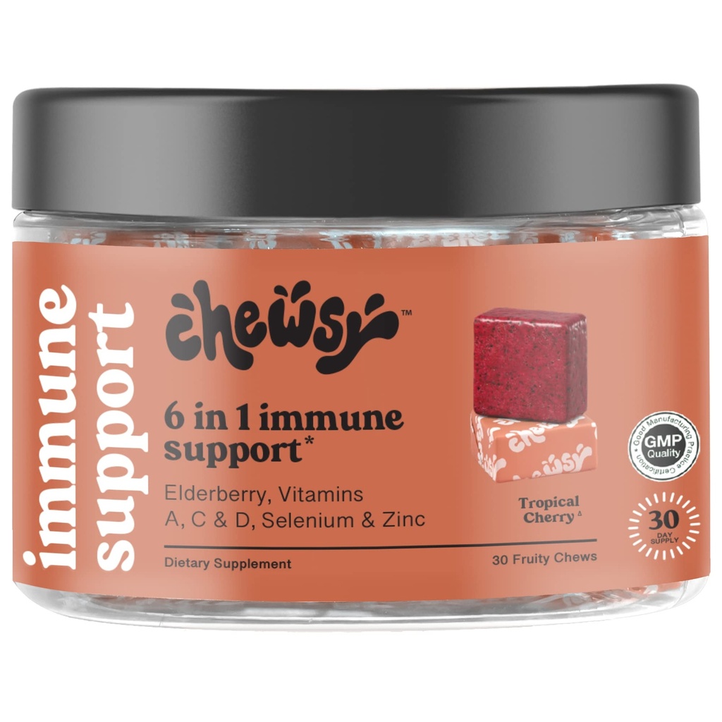 Supplément de soutien immunitaire 6-en-1 Chews Fruity Chews avec sureau, vitamine C, A & D, zinc et sélénium - 30 jours d'approvisionnement, Vitamines d'immunité emballées individuellement Chews pour adultes et enfants (1)