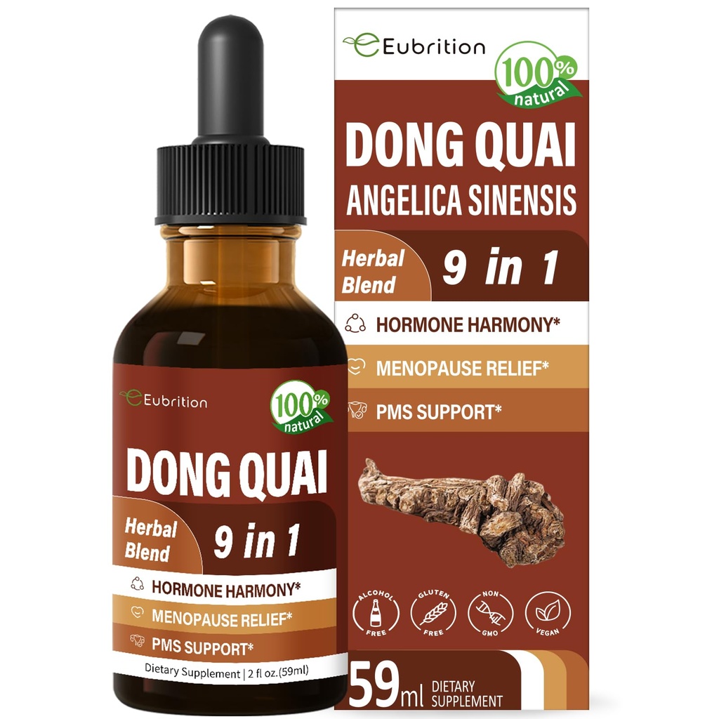 Dong Quai Liquid Supplement for Women, Angelica Sinensis Root Extract Tecture Support Ménopause & PMS Relief, Flashs chauds, gouttes de mélange à base de plantes avec Clover Rouge Fenugreek. 2oz