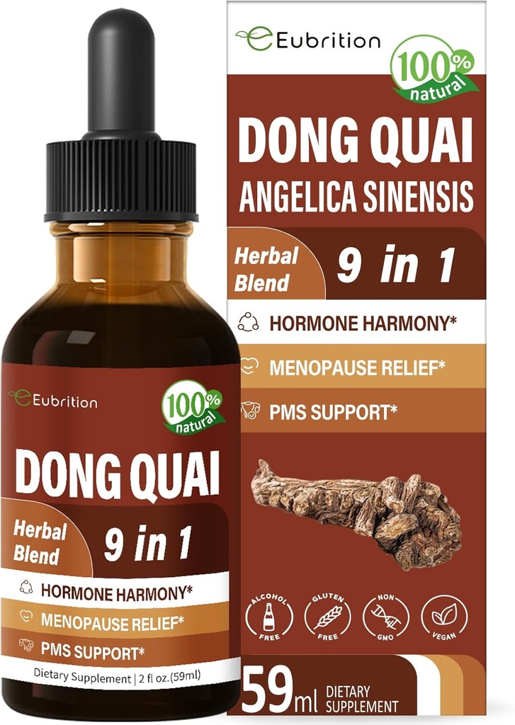 Dong Quai Liquid Supplement for Women, Angelica Sinensis Root Extract Tecture Support Ménopause & PMS Relief, Flashs chauds, gouttes de mélange à base de plantes avec Clover Rouge Fenugreek. 2oz
