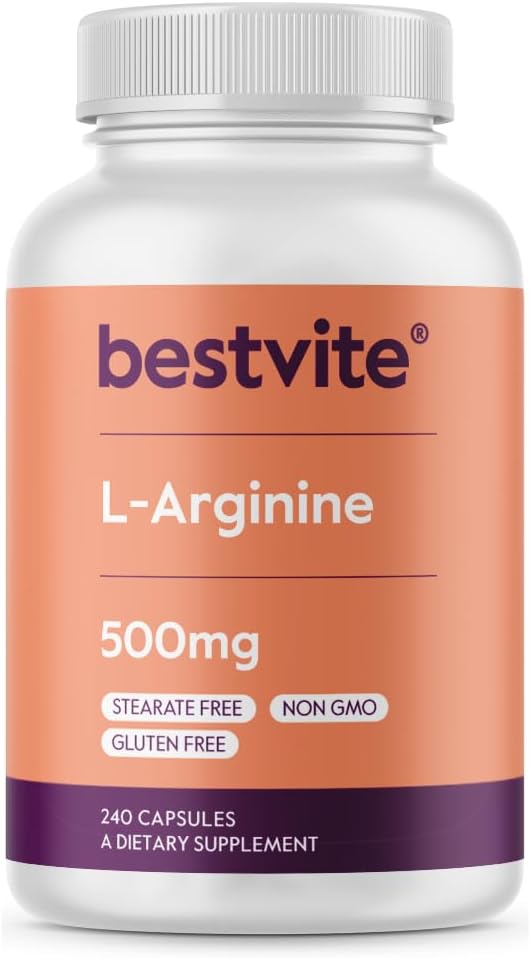 BESTVITE L-Arginine 500mg (240 capsules) - Pas de stéarate de magnésium - Pas de dioxyde de silicium - Pas de remplissage - Non OGM - Sans gluten