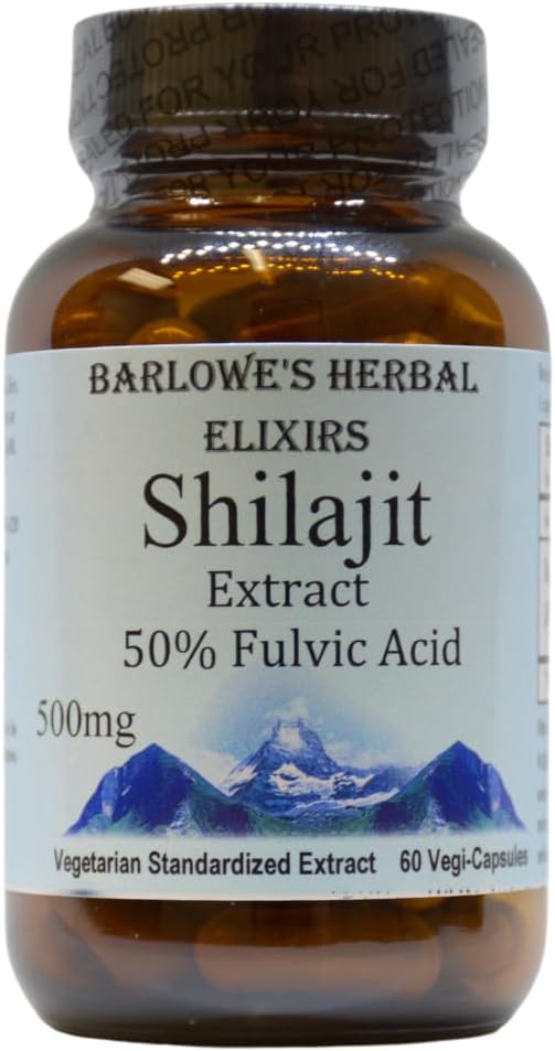 Barlowe's Herbal Elixirs Shilajit Extract | 500mg Per Capsule | 50% Fulvic Acid | Mineral-Rich Himalayan Supplement for Vitality & Wellness | 60 Vegan Capsules | Non-GMO, Gluten-Free, Glass Bottled