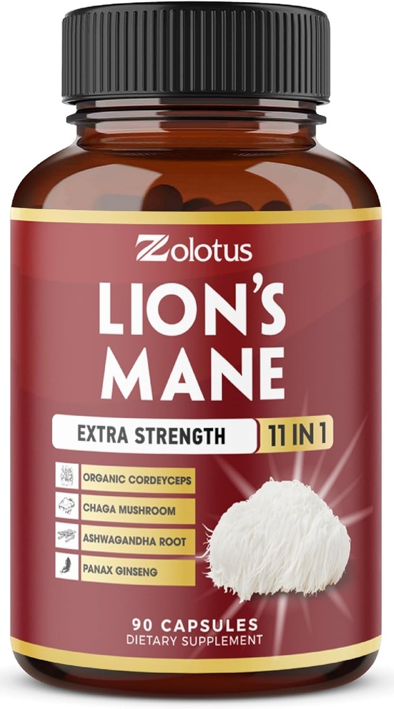 Zolotus 11 en 1 Lions Mane Mushroom Capsules, 3 mois avec Cordeyceps, Reishi, Ashwagandha, Panax Ginseng - 90 capsules