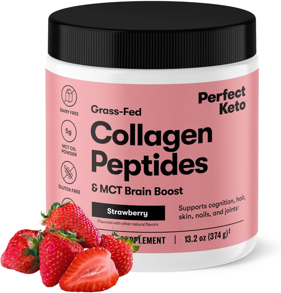 Perfect Keto Collagen Peptides poudre de protéines avec huile MCT, collagène hydrolysé, supplément de type I et III, gazon sans gluten, faible teneur en glucides, crème à café Keto, collagène pour les femmes et les hommes, fraise