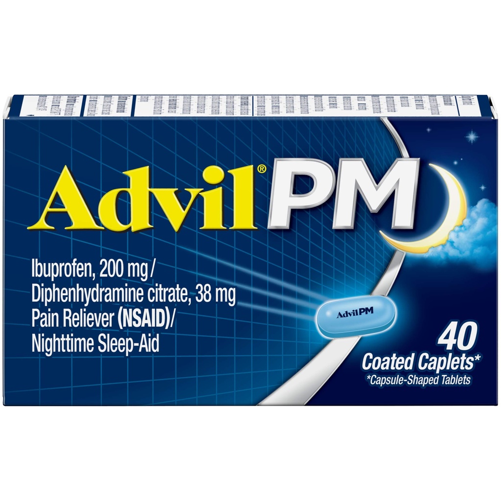 Advil PM analgésique et aide au sommeil de nuit, traitement de la douleur avec Ibuprofène pour soulager la douleur et citrate de diphenhydramine pour une aide au sommeil - 40 Caplets enduits