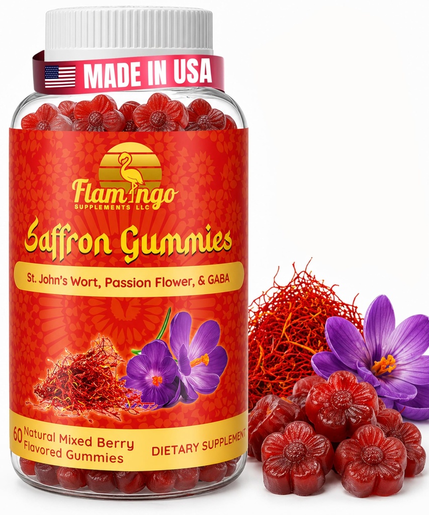 Extrait de safran Gummies-Sugar Supplément de safran gratuit amélioré avec GABA, Saint John's Wort, Passion Flower- Suppléments de safran pour les enfants, les femmes, les hommes. 60 Gommies de safran