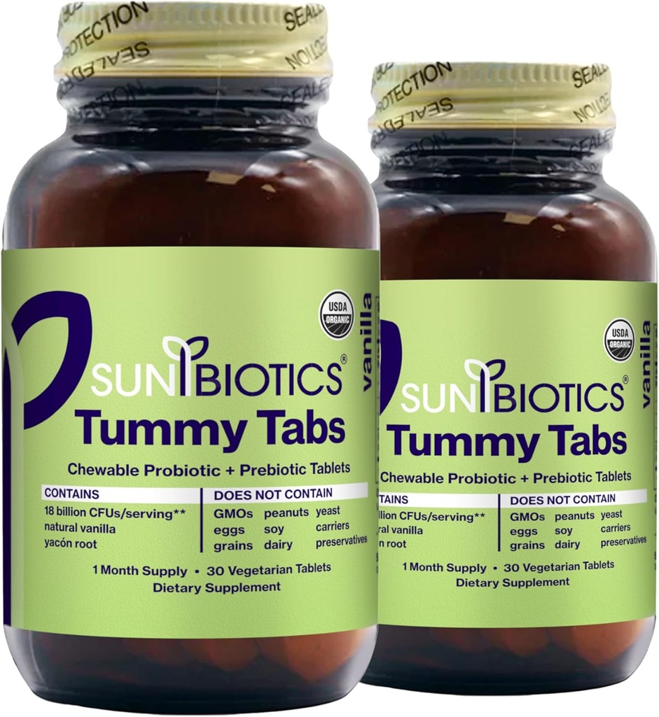 SUNBIOTICS Tummy Tabs - Comprimés probiotiques et prébiotiques à croquer avec 18 milliards d'UCF de 4 souches probiotiques pour la bonne flore de Gut, système immunitaire et microbiome équilibré - Vanille, (paquet de 2)