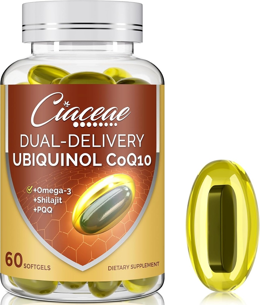 Ubiquinol CoQ10 600 MG Softgels avec Omega-3 & Shilajit & PQQ, Coenzyme à double livraison avancée-Q10, Supplément Ubiquinol actif CoQ10 pour la fertilité, l'antioxydant, le cœur, le cerveau et l'énergie, 60 portions