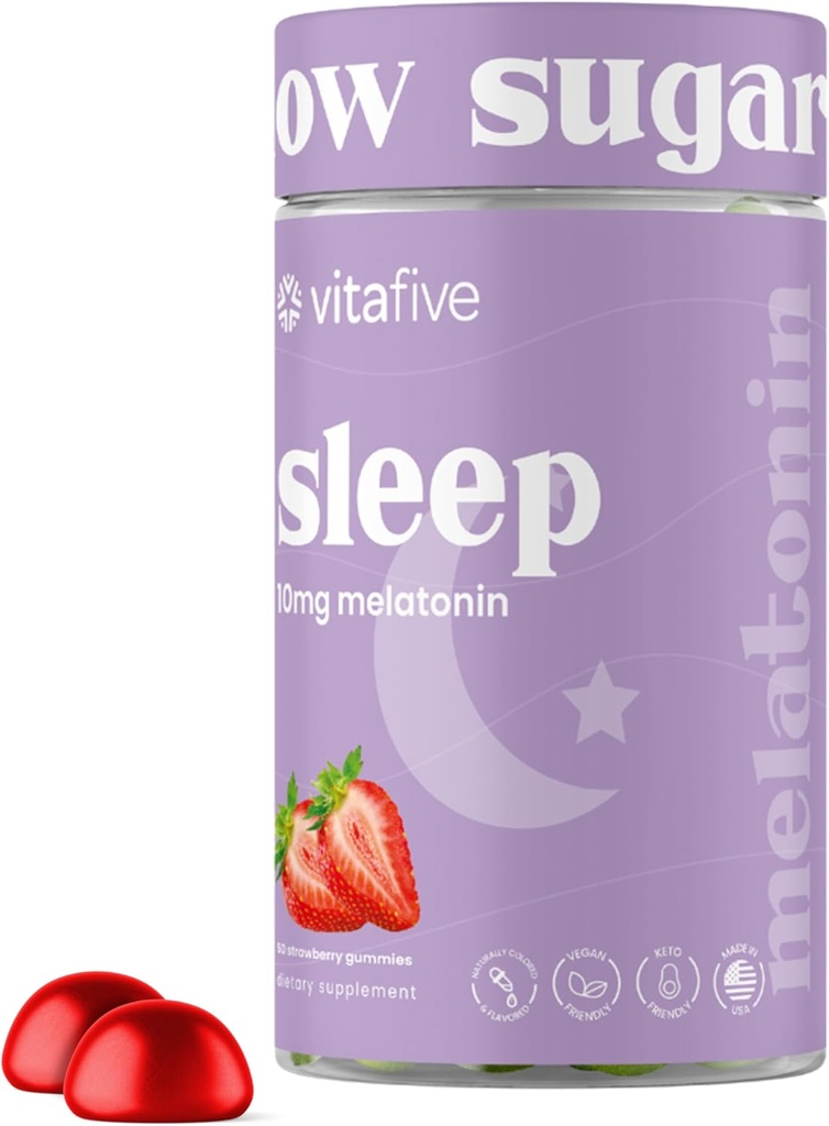Vitafive Extra Strength Mélatonine Gommies, 10 mg de mélatonine, aide au sommeil pour les adultes, faible sucre, végétalien, supplément sans gluten de mélatonine (50 Ct)