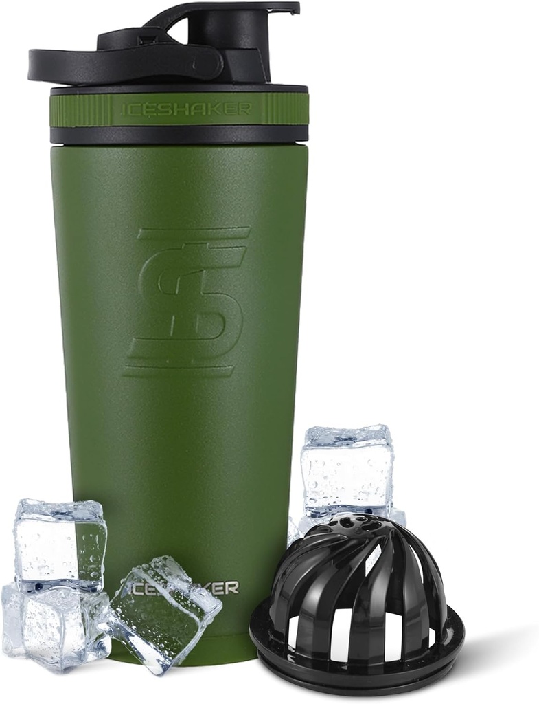 Ice Shaker Isolated en acier inoxydable Shaker Bouteille de 26oz, vert , froid pour 30+ Heures , Coupe isolée avec agitateur Twist-on , Bouteille sans odeur pour les shakes de protéines, eau, smoothies, cocktails