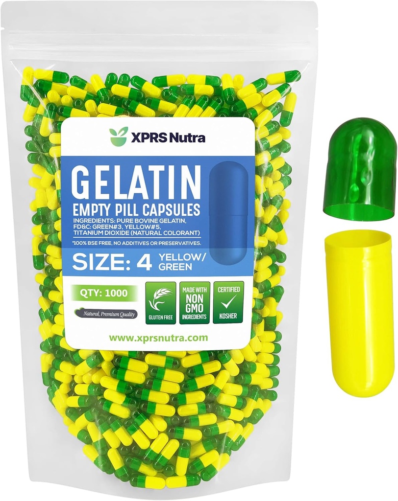 XPRS Nutra Size 4 Capsules vides - 1000 Compte Petites Capsules de Gélatine Vide Pills - Garniture de Capsules de DIY - Bouchons de Gel de Pill de Bovine (vert/jaune)