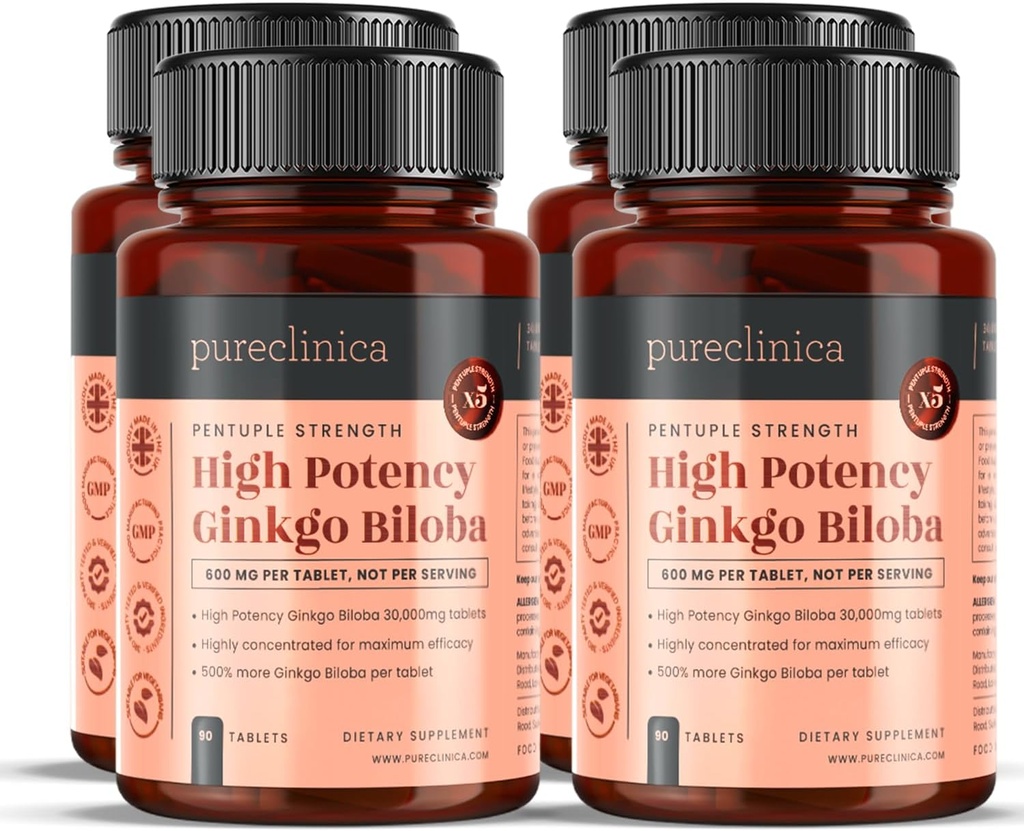 purclinica Haute puissance Ginkgo Biloba 30 000 mg x 360 comprimés (4 bouteilles de 90) - 12 mois d'approvisionnement - 5 fois La force des produits concurrents