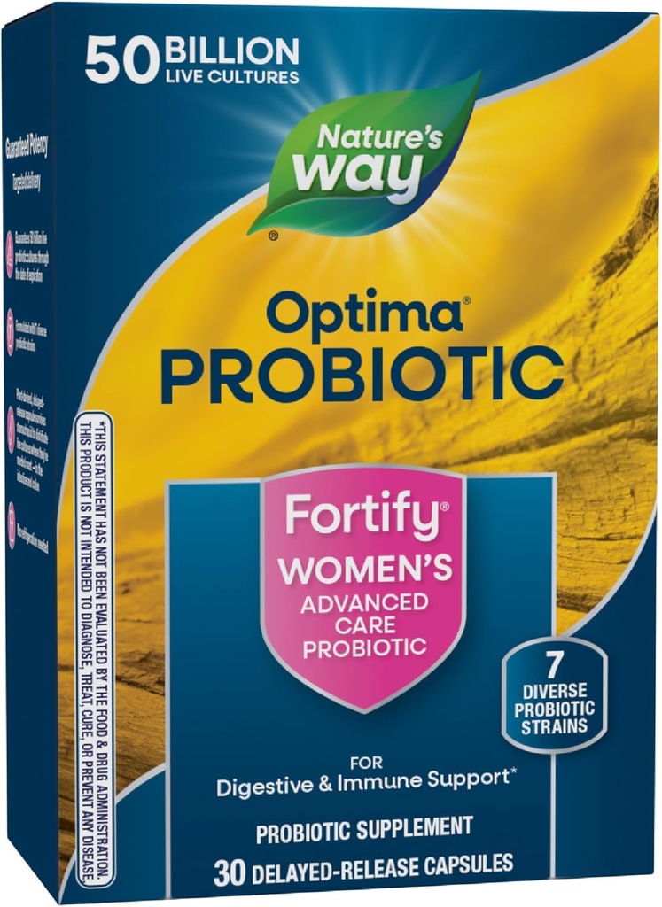 Nature's Way Fortify Optima Women's Probiotics, 50 milliards de cultures vivantes, 7 souches, soutient la santé digestive et immunitaire*, 30 capsules (paquetage May Vary)
