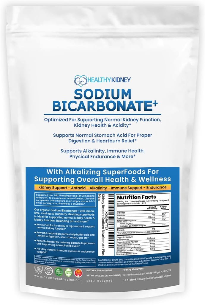 Utilisation biologique Bicarbonate de sodium Supplément alcalin pour l'alcalinité. Soutien Neutraliseur d'acides rénaux et stomach avec superaliments alcalins. Poudre de bicarbonate de sodium Rein Imune Support Antiacide Sport 1,5LB