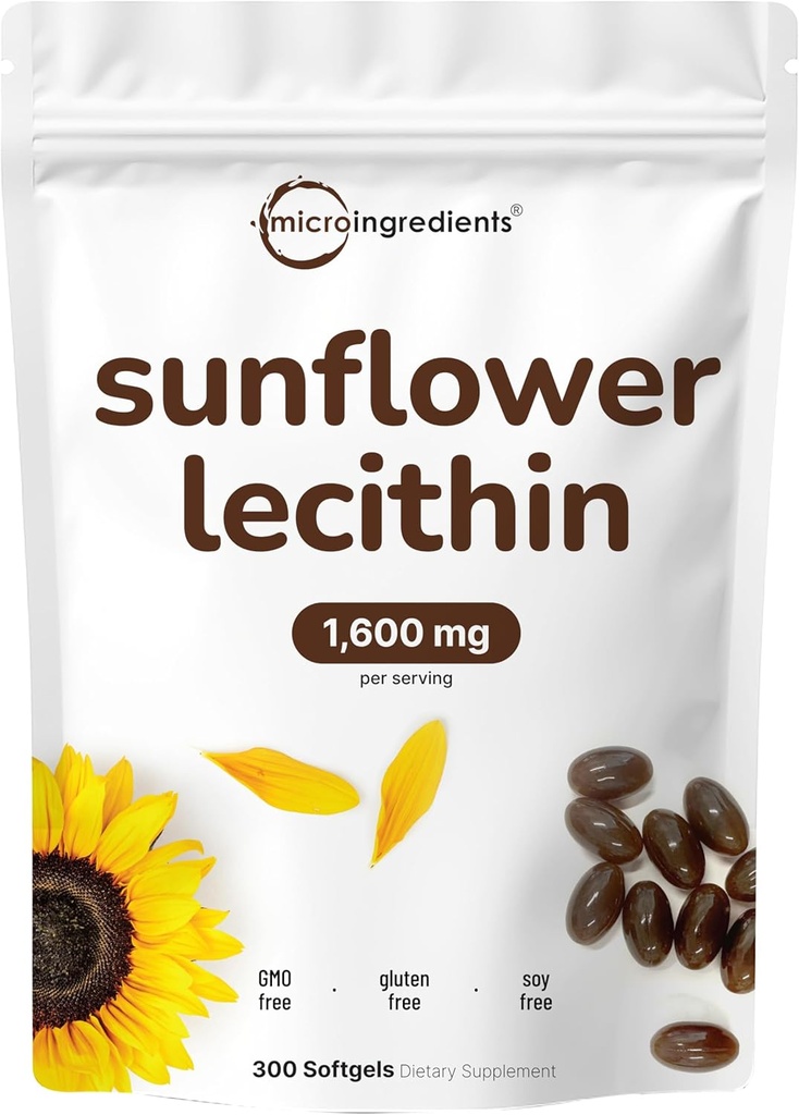 Micro-ingrédients Lécithine de tournesol 1,600mg par portion, 300 Softgels. Source durablement cultivée, pressée à froid, riche en Phosphatidyl Choline.