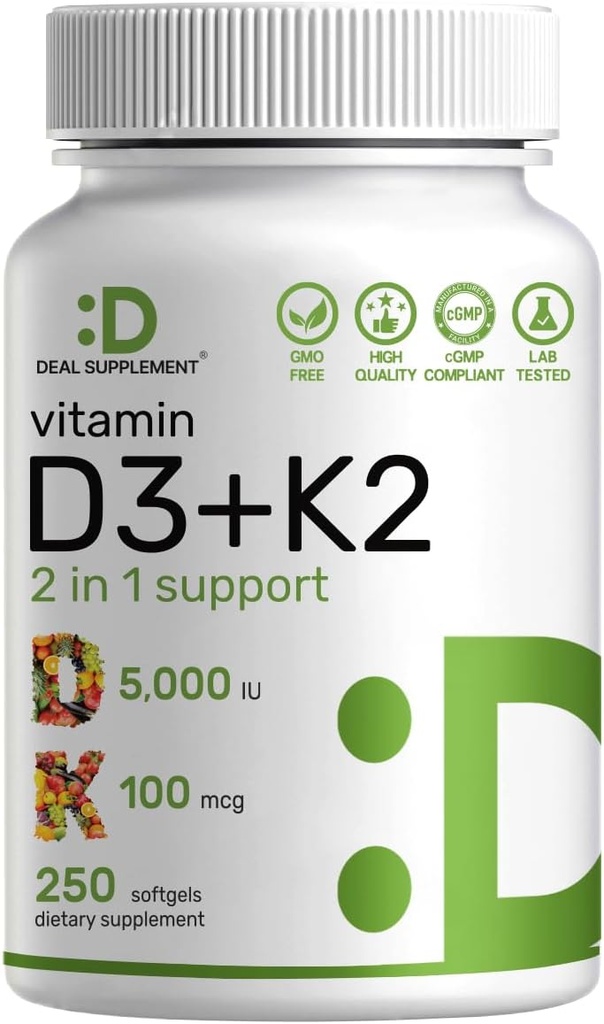 SUPPLÉMENT DE DEAL Vitamine D3 5 000 UI + K2 MK7 Softgels, 250 Complexe 2-en-1 de Count.
