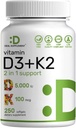SUPPLÉMENT DE DEAL Vitamine D3 5 000 UI + K2 MK7 Softgels, 250 Complexe 2-en-1 de Count.