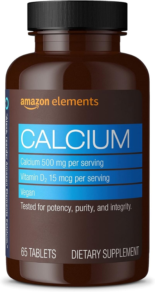 Éléments Calcium plus vitamine D, calcium 500mg avec D2 600IU, végétalien, 65 comprimés (2 mois d'approvisionnement) (Emballage peut varier), soutient les os forts et la santé immunitaire