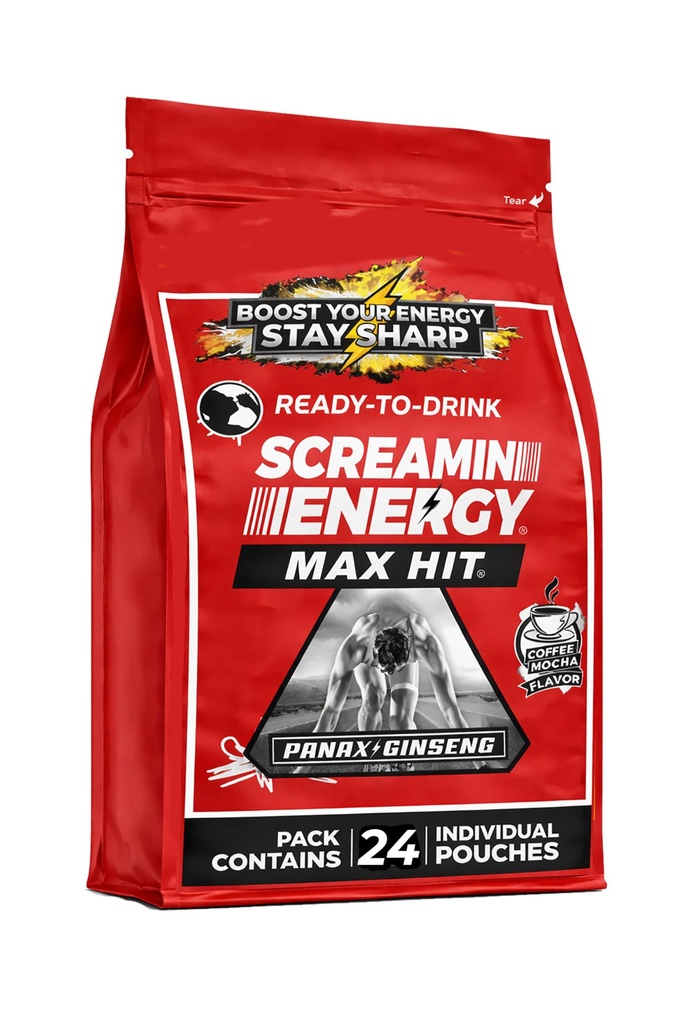 Scremin Energy Max Hit - Coups d'énergie extra-fort avec Ginseng & Caféine - 100% B-1, B-2, B-3, B-6, B-7 et B12 Coffee Mocha, 24 Compte